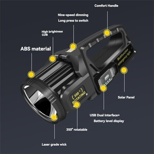 Glaceon 1000,000 Lumens Rechargeable Spotlight Flashlight with 9 Modes, 350° Rotate Head, IPX6 Waterproof - Outdoor Handheld Solar Flashlight for Emergencies-(New-re) - Image 3