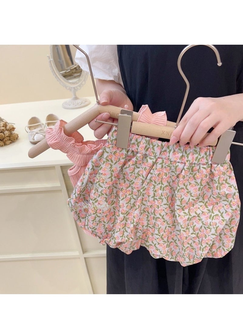 Baby Girls Ruffled Striped Top & Floral Print Skirt Set, Perfect for Summer Daily Wear, Playground, Streetwear, Suitable for Height 90-100cm - Image 2