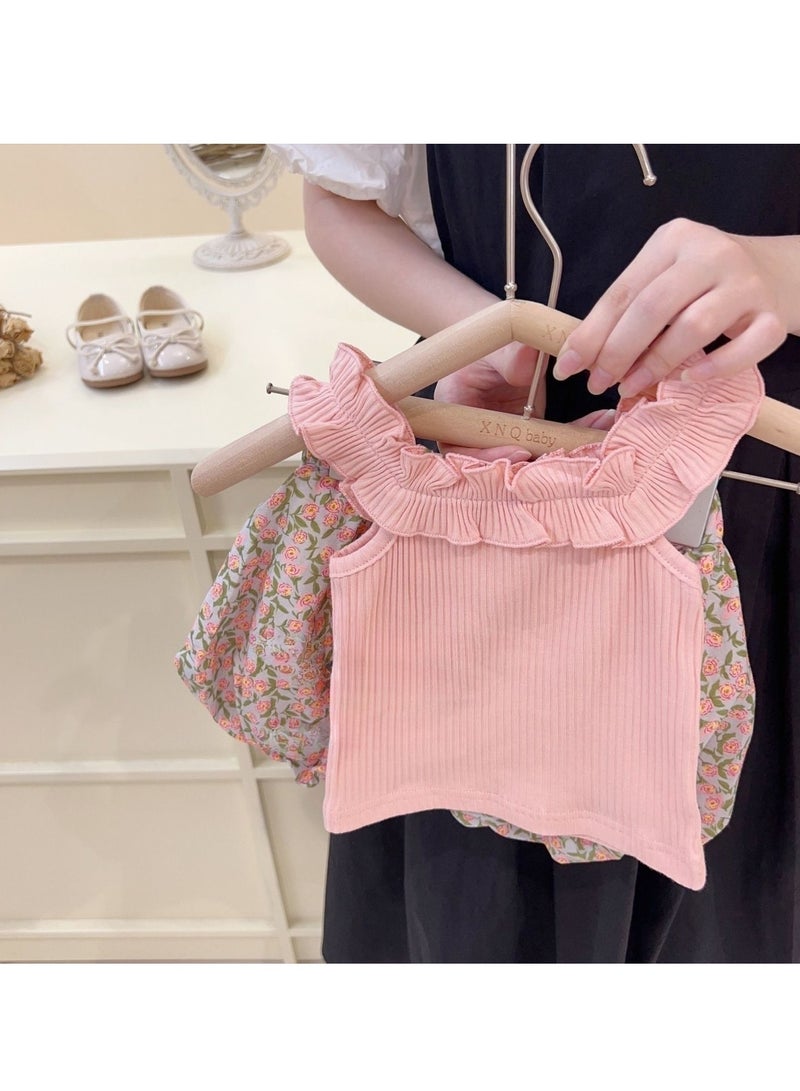 Baby Girls Ruffled Striped Top & Floral Print Skirt Set, Perfect for Summer Daily Wear, Playground, Streetwear, Suitable for Height 90-100cm - Image 1