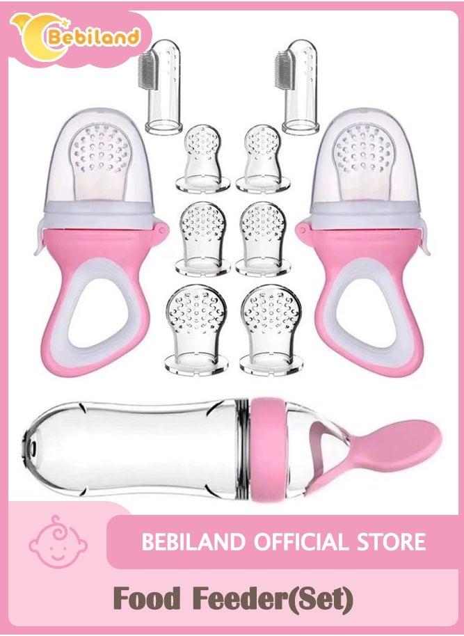 Bebiland 11Pcs Baby Food Feeder, 2 Silicone Baby Toothbrushes, 2 Pack Baby Fruit Feeder Pacifier Fresh Food Feeder with 6 Sizes Silicone Pouches, 1 Baby Feeding Spoons for Toddlers Infant, Pink  - Image 1