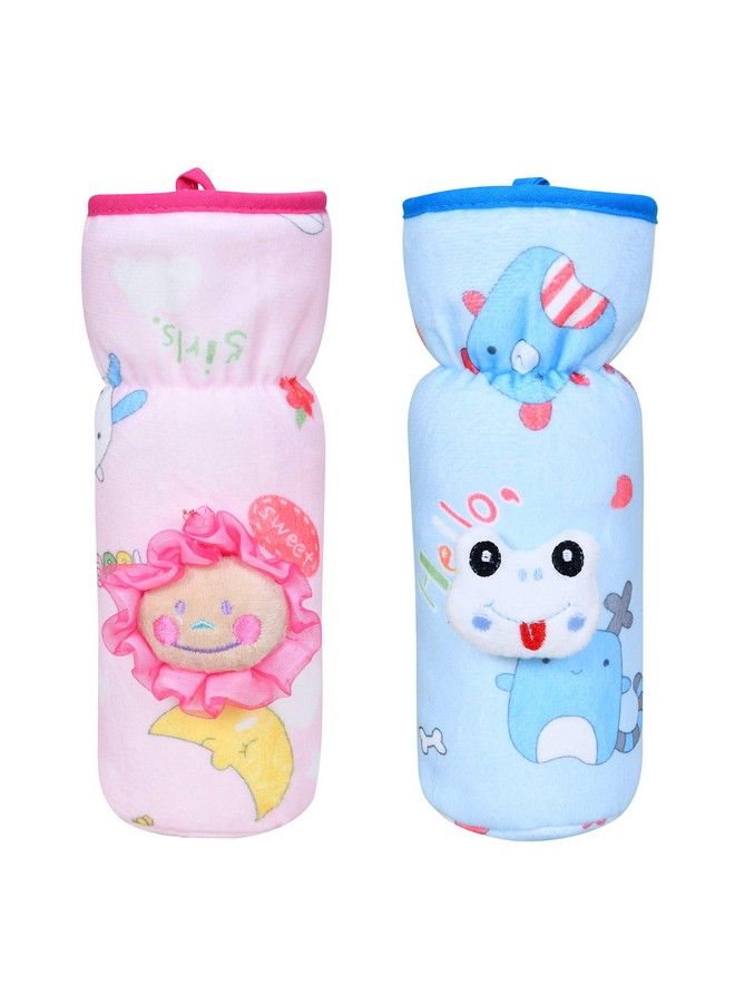 The Little Lookers Soft Plush Stretchable Baby Feeding Bottle Cover With Easy To Hold Strap ; Cute Animated Overall Print Pack Of 2 (Pink & Blue Narrow Neck 240Ml 8Oz)