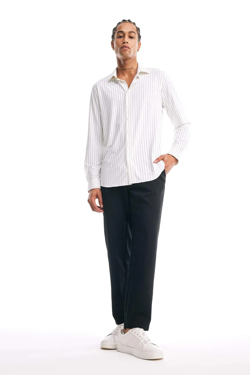 ديفاكتو Slim Fit Polo Collar Striped Long Sleeve Shirt