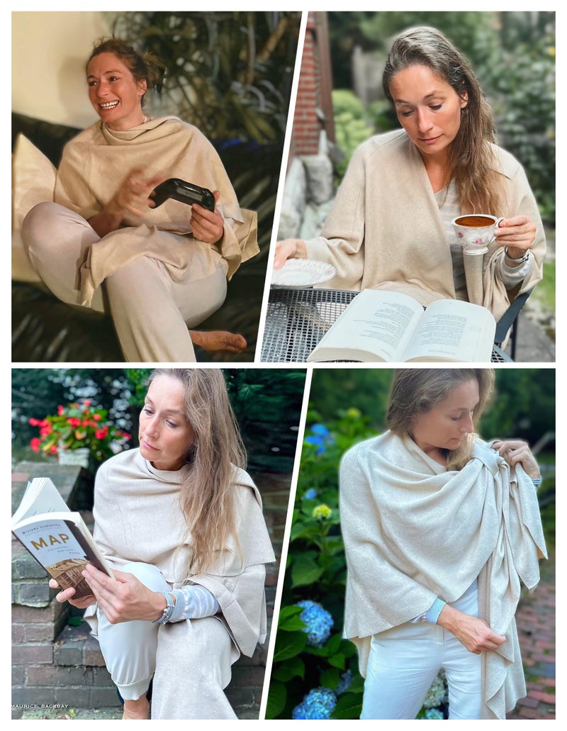 PULI Womens Cream Large Cross Front Poncho Sweater Wrap Topper Knitted Elegant Shawls Cape for Fall Winter - Image 3