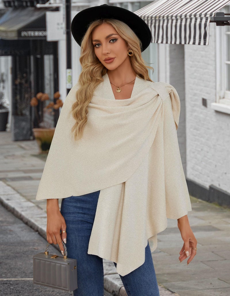 PULI Womens Cream Large Cross Front Poncho Sweater Wrap Topper Knitted Elegant Shawls Cape for Fall Winter - Image 5