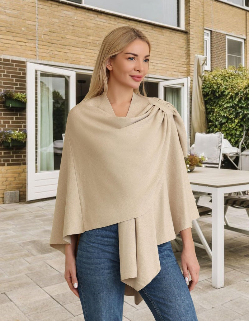 PULI Womens Cream Large Cross Front Poncho Sweater Wrap Topper Knitted Elegant Shawls Cape for Fall Winter - Image 2