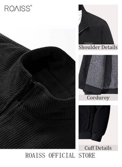 roaiss Men's Autumn And Winter Coat Corduroy Cotton Jacket Sherpa Lined Warm Winter Trucker Jackets Basic Stand Collar Coats  - Image 5