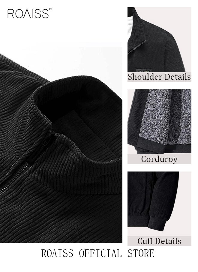 roaiss Men's Autumn And Winter Coat Corduroy Cotton Jacket Sherpa Lined Warm Winter Trucker Jackets Basic Stand Collar Coats  - Image 5