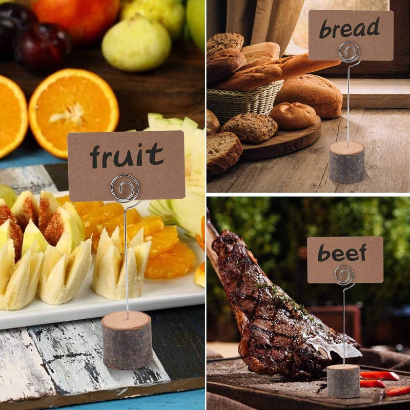 Toncoo Toncoo 10Pcs Premium Wood Place Card Holders with Swirl Wire and 20 Pcs Kraft Place Cards  Rustic Wood Table Number Holders Stands  Name Cards Photo Holders for Wedding Party Sign Food Cards Label - Image 4