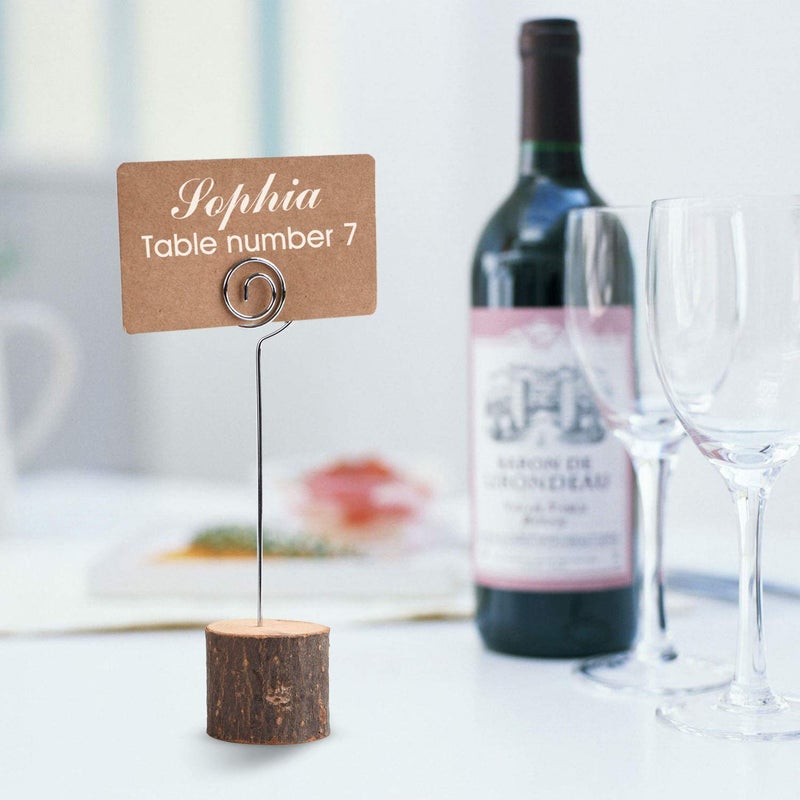 Toncoo Toncoo 10Pcs Premium Wood Place Card Holders with Swirl Wire and 20 Pcs Kraft Place Cards  Rustic Wood Table Number Holders Stands  Name Cards Photo Holders for Wedding Party Sign Food Cards Label - Image 3