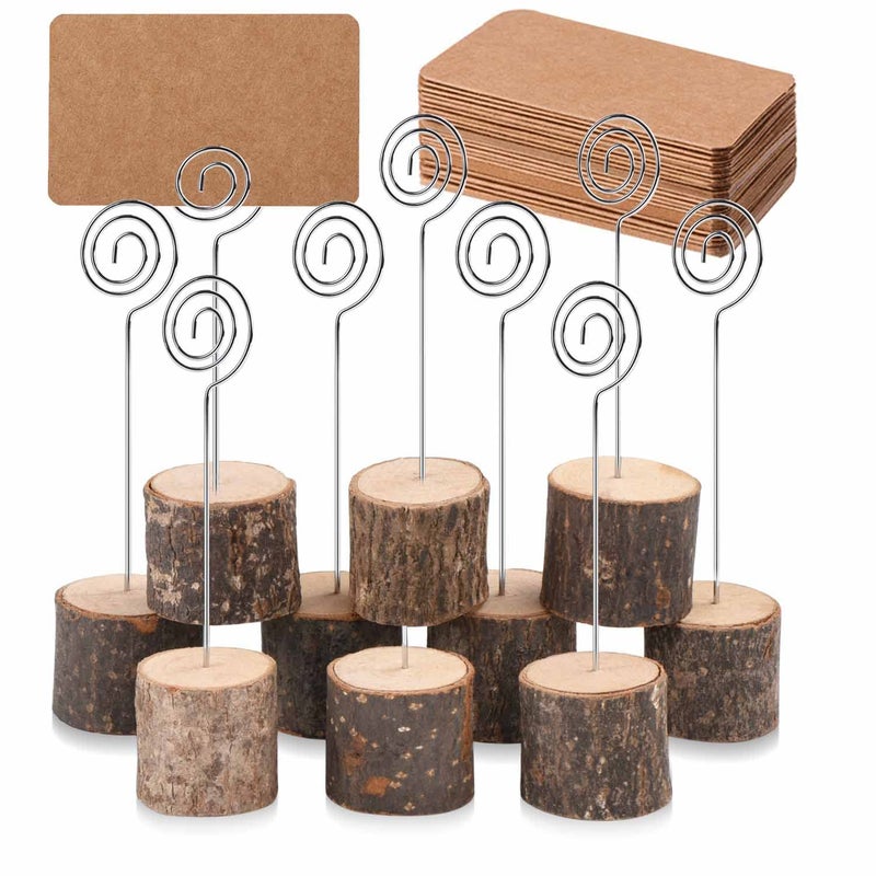 Toncoo Toncoo 10Pcs Premium Wood Place Card Holders with Swirl Wire and 20 Pcs Kraft Place Cards  Rustic Wood Table Number Holders Stands  Name Cards Photo Holders for Wedding Party Sign Food Cards Label - Image 1
