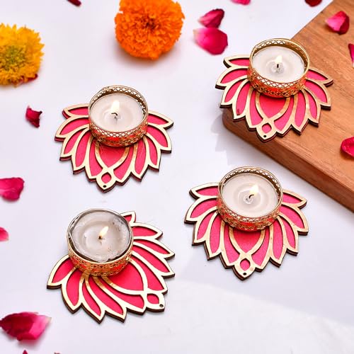 CraftVatika Handmade Lotus Tealight Candle Holder Set of 4 for Diwali Home Navratra Onam Decoration Diwali Diya Tealight Candle Holder (Including Tealight) (Golden, 8.8 CM Length) (Set of 4) - Image 1