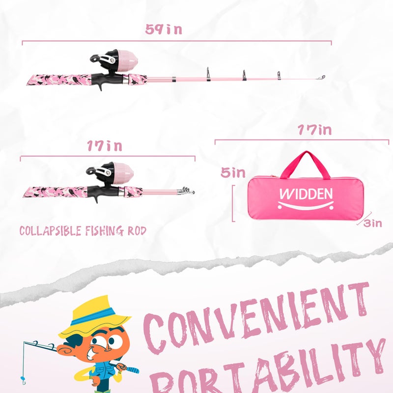 WIDDEN Kids Fishing Pole, Portable Telescopic Kids Fishing Poles for Girls, Fishing Rod and Reel Combo Kit with Tackle Box, Bag, Fishing Net, Best Fishing Pole for Toddler Youth (Light Pink) - Image 2