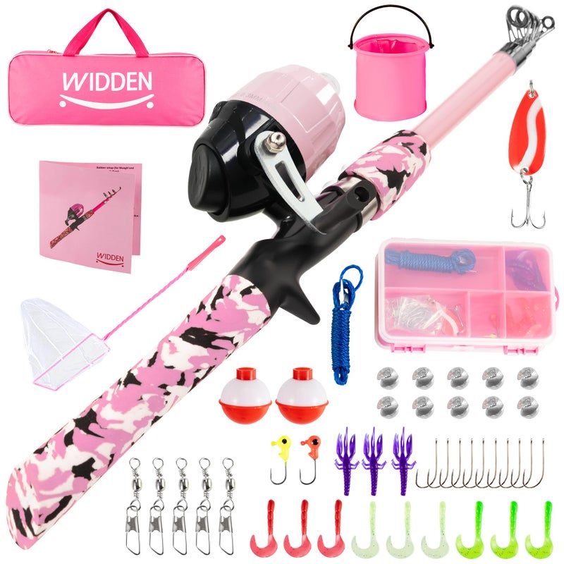 WIDDEN Kids Fishing Pole, Portable Telescopic Kids Fishing Poles for Girls, Fishing Rod and Reel Combo Kit with Tackle Box, Bag, Fishing Net, Best Fishing Pole for Toddler Youth (Light Pink) - Image 1