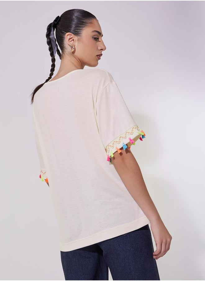 Take Two Tasselled Lace Detail Relaxed Fit T-Shirt  - Image 4