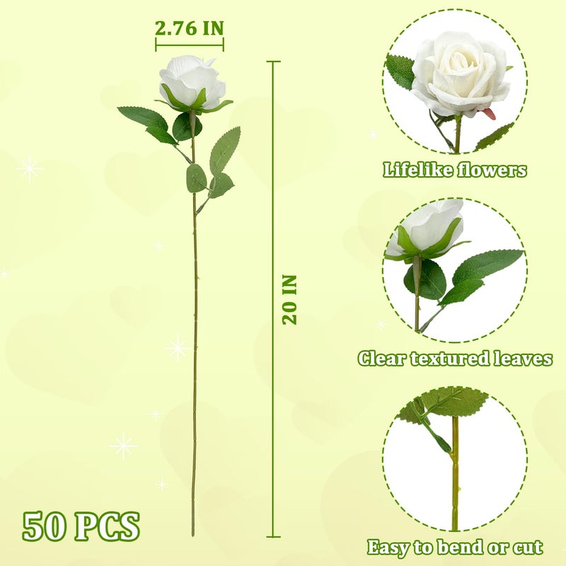 Wondrus Bulk Artificial Flowers 50 PCS, Fake Velvet Silk White Roses with Long Stems Realistic Bouquet for Wedding Centerpieces, Faux Arrangement for Home Table Decor - Image 3