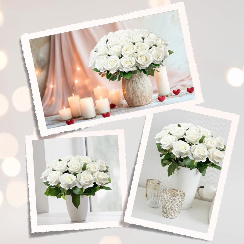 Wondrus Bulk Artificial Flowers 50 PCS, Fake Velvet Silk White Roses with Long Stems Realistic Bouquet for Wedding Centerpieces, Faux Arrangement for Home Table Decor - Image 2