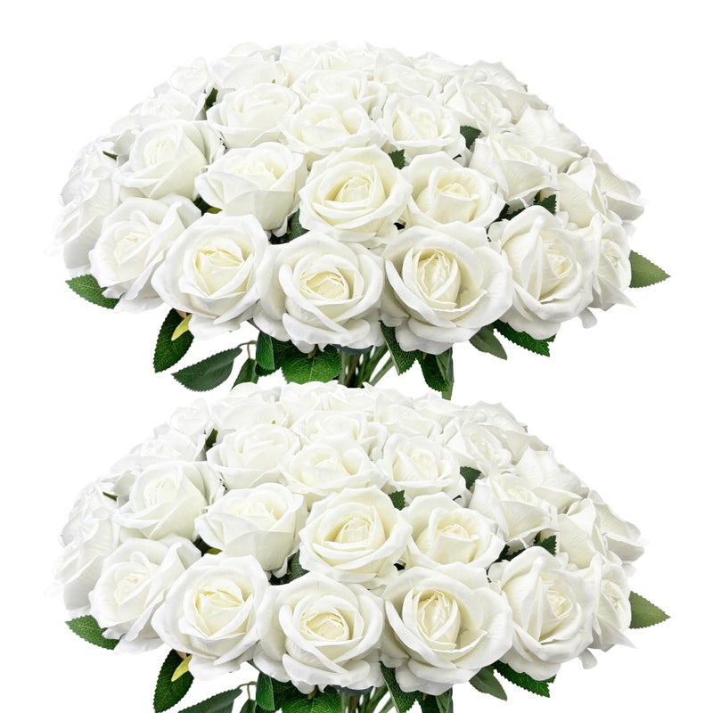 Wondrus Bulk Artificial Flowers 50 PCS, Fake Velvet Silk White Roses with Long Stems Realistic Bouquet for Wedding Centerpieces, Faux Arrangement for Home Table Decor - Image 1