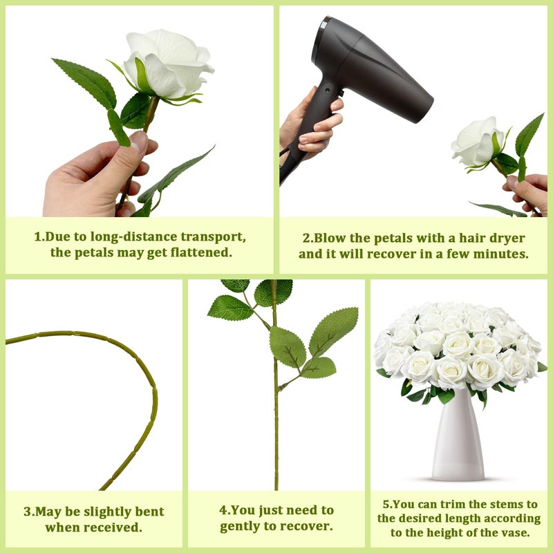 Wondrus Bulk Artificial Flowers 50 PCS, Fake Velvet Silk White Roses with Long Stems Realistic Bouquet for Wedding Centerpieces, Faux Arrangement for Home Table Decor - Image 5