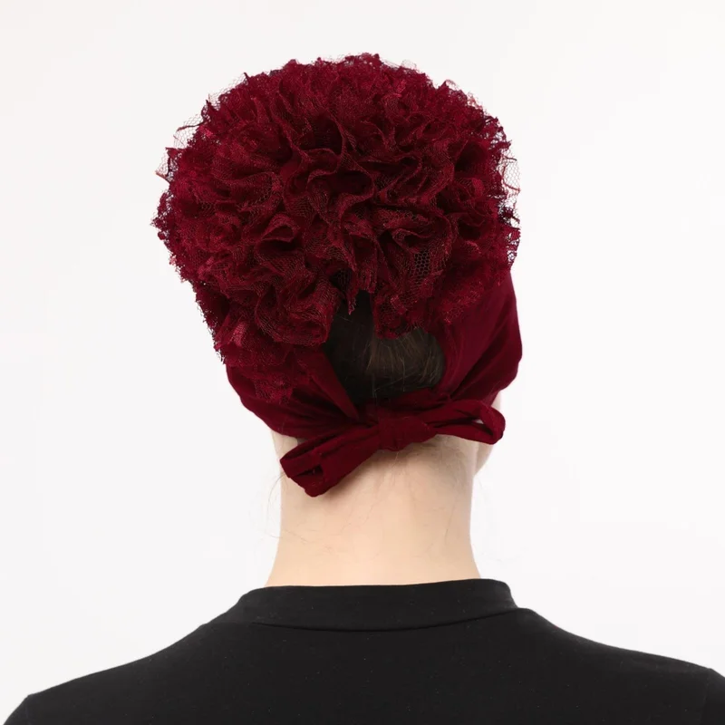 Sensu Front Stitched Back Tied Bun Laced Ruffle Hijab Bonnet - CLARET RED