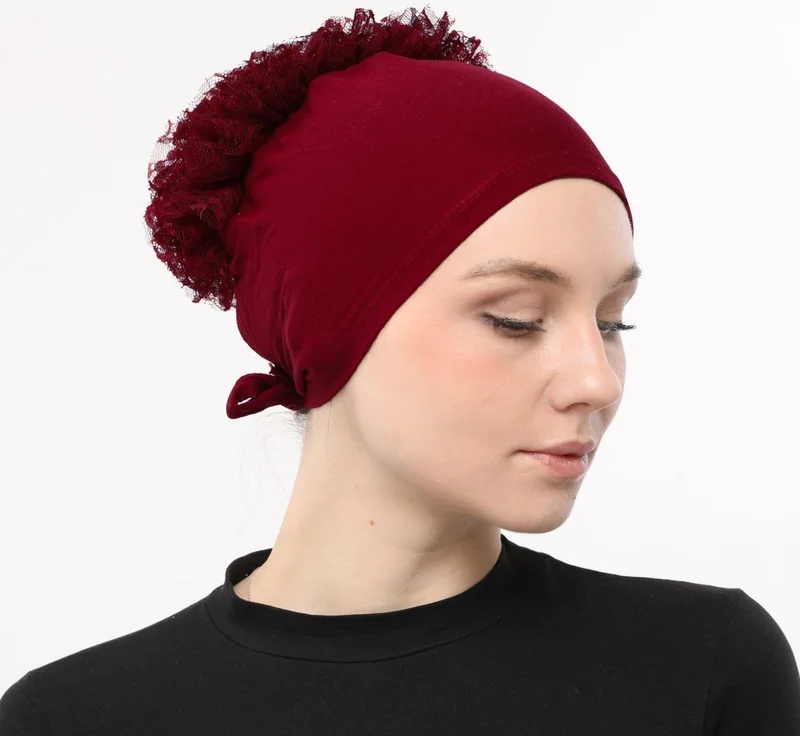 Sensu Front Stitched Back Tied Bun Laced Ruffle Hijab Bonnet - CLARET RED