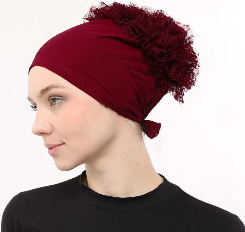 Sensu Front Stitched Back Tied Bun Laced Ruffle Hijab Bonnet - CLARET RED