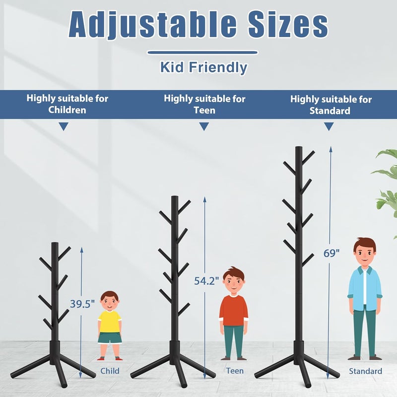 Haddockway Wooden Coat Rack Stand with 8 Hooks New Zealand Pine 3 Adjustable Coat Standing Tree Easy Assembly for Coats, Hats, Scarves and Handbags for Entryway, Hallway, Bedroom, Office - Image 4