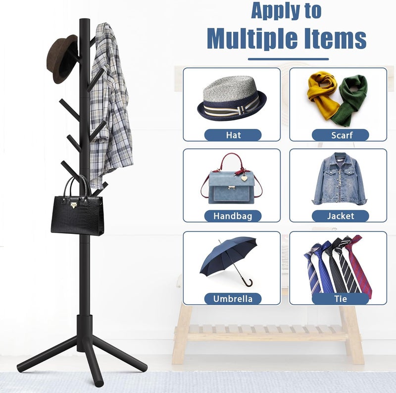 Haddockway Wooden Coat Rack Stand with 8 Hooks New Zealand Pine 3 Adjustable Coat Standing Tree Easy Assembly for Coats, Hats, Scarves and Handbags for Entryway, Hallway, Bedroom, Office - Image 5