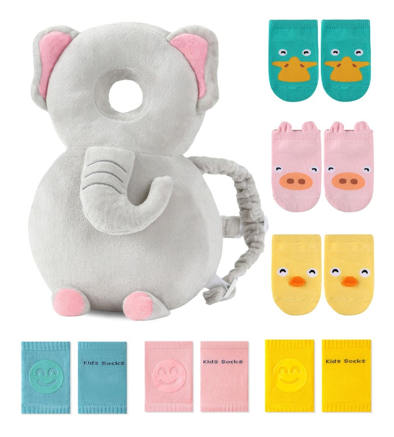 JunNeng Toddler Baby Head Protector Backpack for Toddler Walker with Knee Pads&Anti-Slip Socks, Elephant - Image 1