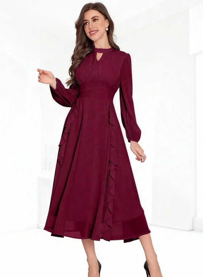 Take Two Burgundy Keyhole Neck Ruffled Midi Dress