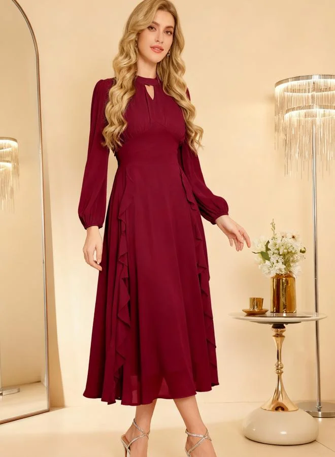 Take Two Burgundy Keyhole Neck Ruffled Midi Dress