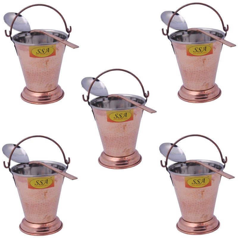 SHIV SHAKTI ARTS SHIV SHAKTI ARTS Handmade Set of 5 Traditional Steel Copper Bucket/Copper Balti Volume 500 ML Each with 5 Serving Spoons  - Image 1
