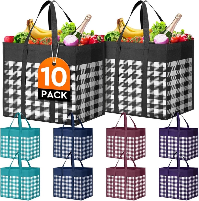 WISELIFE Reusable Grocery Shopping Bags 10 Pack Large Foldable Tote Bags Bulk, Long Handle for Shopping Groceries Clothes (Plaid C) - Image 1