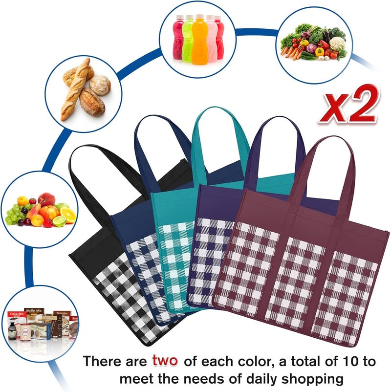 WISELIFE Reusable Grocery Shopping Bags 10 Pack Large Foldable Tote Bags Bulk, Long Handle for Shopping Groceries Clothes (Plaid C) - Image 3