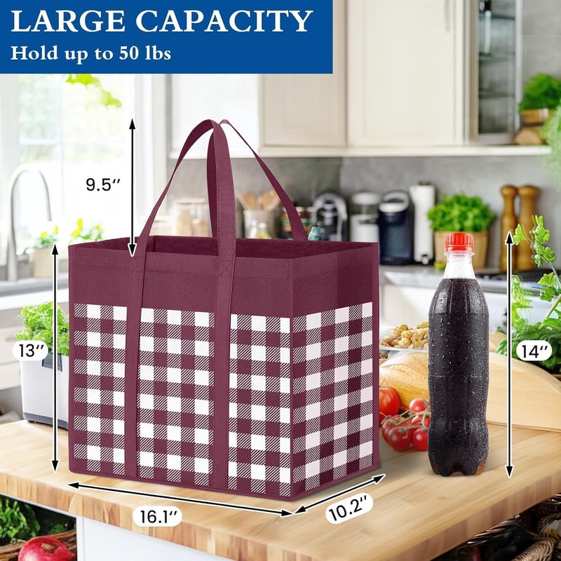 WISELIFE Reusable Grocery Shopping Bags 10 Pack Large Foldable Tote Bags Bulk, Long Handle for Shopping Groceries Clothes (Plaid C) - Image 2