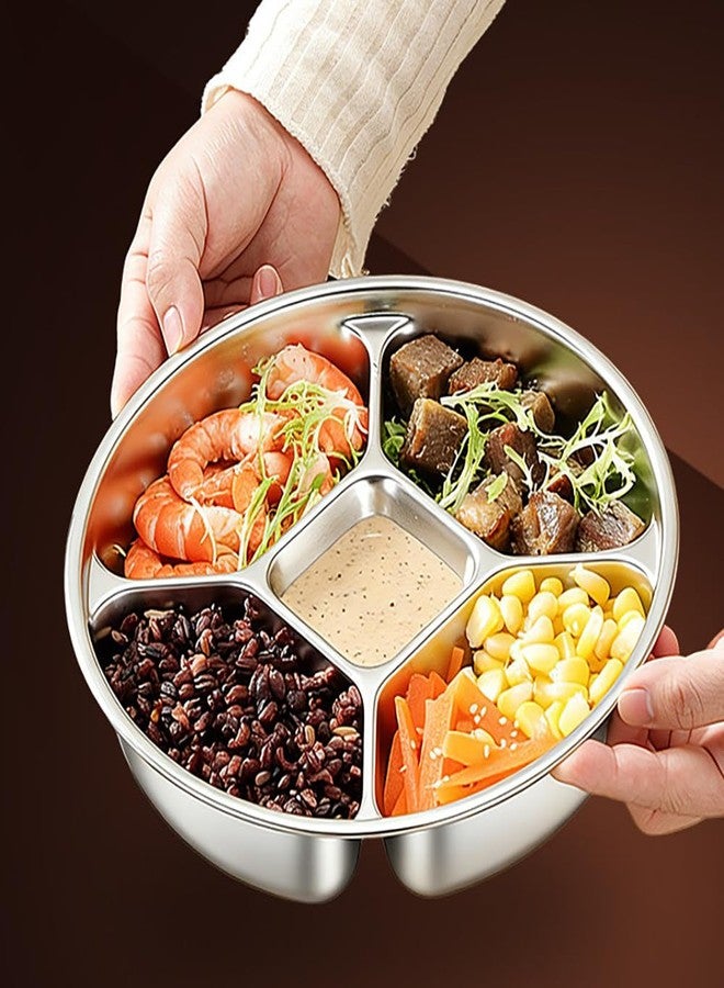 maiwalk Stainless Steel Divided Plate 5 Compartment for Sauce Salad Snacks Meal Prep Round Tray Food Serving Platter (Silver, 2 Pack 8.8") - Image 3
