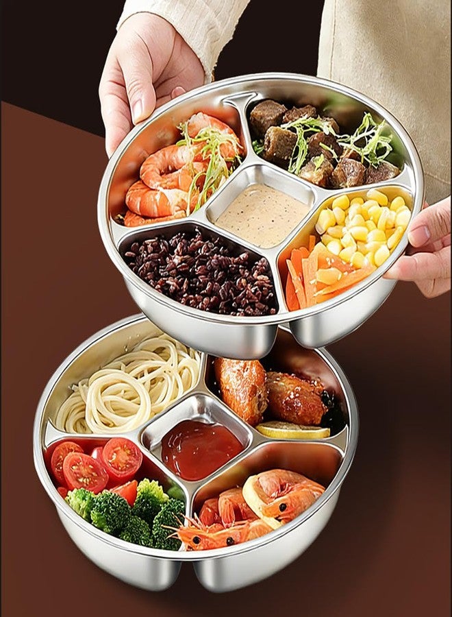 maiwalk Stainless Steel Divided Plate 5 Compartment for Sauce Salad Snacks Meal Prep Round Tray Food Serving Platter (Silver, 2 Pack 8.8") - Image 2