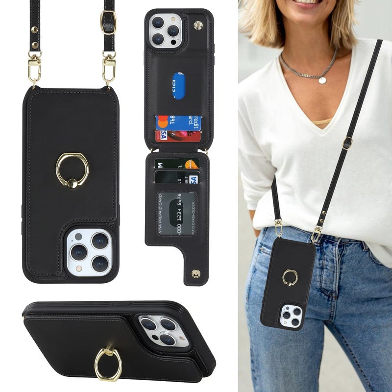 Lipvina for iPhone 13 Pro Max/iPhone 12 Pro Max Case with Card Holder for Women,Crossbody Strap Lanyard,Credit Card Holder,Ring Stand,Snap Clasp,Cute Wallet Case 6.7 inch (Black) - Image 1