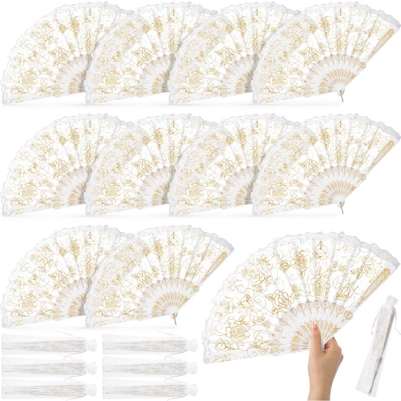 Roowest 12 Pcs Rose Lace Fan Handheld Floral Folding Fans with Organza Bags Chinese Retro Foldable Decor Bridal Dancing Prop Hand Held Cosplay Costume for Party Wedding Birthday Church TeaGold