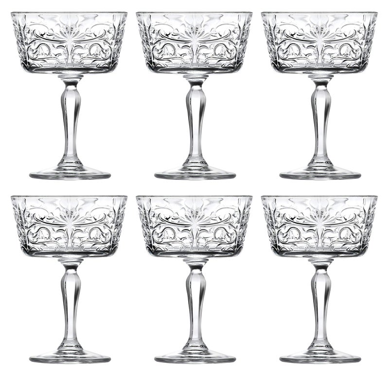Barski Champagne Glasses  Flute  Saucer  Belle Coupe  Set of 6 Glasses  Glass Crystal  Glass has Tattoo Design 9 oz Made in Europe