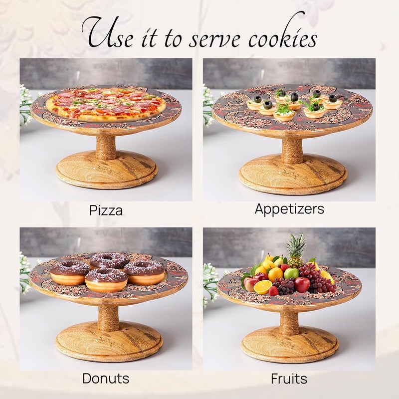 nestroots Printed Grey Hygge Mango Wood Cake Stand | 10-Inch Dessert Platter for Cupcakes, Pies & Pastries | Stylish Display for Parties, Weddings & Home Decor - Image 3