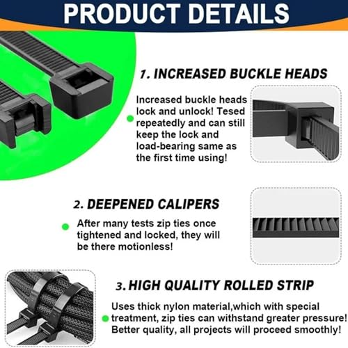 Hian 12-Inch Black Zip Ties, 100-Pack – 50lb Tensile Strength, UV-Resistant, Self-Locking Cable Ties for Indoor & Outdoor Use (Black - 300mm x 4mm) - Image 4