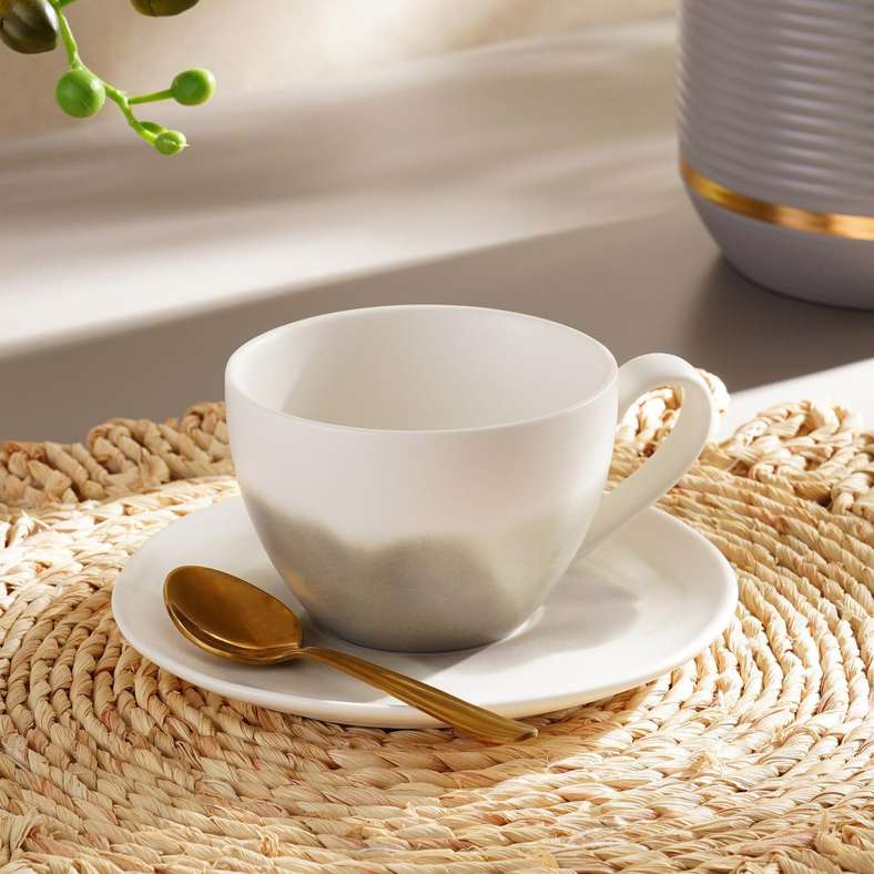 Pan Home طقم فنجان وش saucer من البورسلين - بني