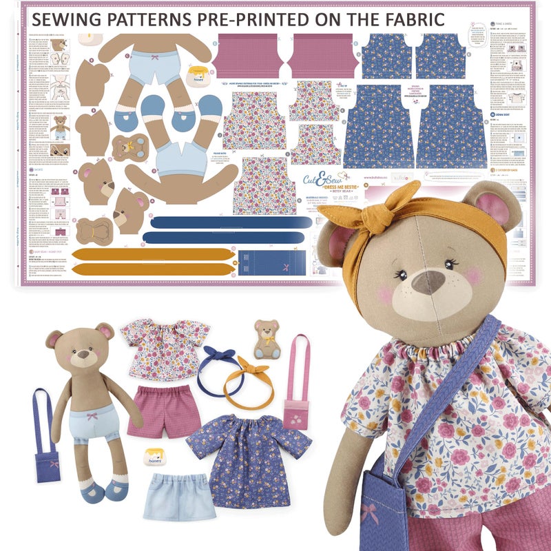 kullaloo - Sewing Kit for Kids & Beginners - Cut & Sew Fabric Panel â€“ Sewing Patterns Pre-Printed on The Fabric - DIY Rag Doll Kit with Clothes - Betsy Bear Sewing Project - Incl. Video Instructions - Image 1
