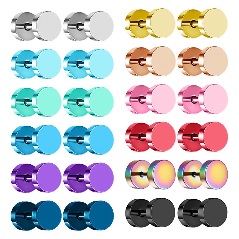 NEWITIN 12 Pairs Dot Stud Earrings for Men Faux Gauges Hypoallergenic Ear Tunnel Earring Surgical Steel Screw Flat Back Round Ear Studs for Women - Image 1