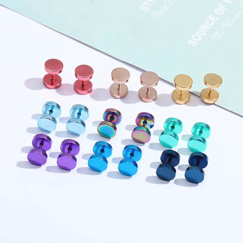 NEWITIN 12 Pairs Dot Stud Earrings for Men Faux Gauges Hypoallergenic Ear Tunnel Earring Surgical Steel Screw Flat Back Round Ear Studs for Women - Image 4