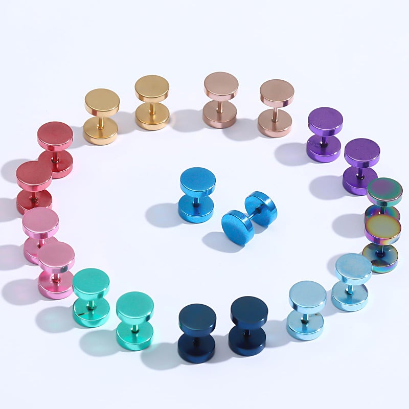 NEWITIN 12 Pairs Dot Stud Earrings for Men Faux Gauges Hypoallergenic Ear Tunnel Earring Surgical Steel Screw Flat Back Round Ear Studs for Women - Image 3
