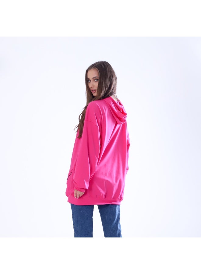 بيبو تيشيرت حريمي سادة بكابيتشو 2 جيب أكمام طويلة مقاس حر يناسب من 60 إلى 85 كجم تقريبا_فوشيا - Image 3