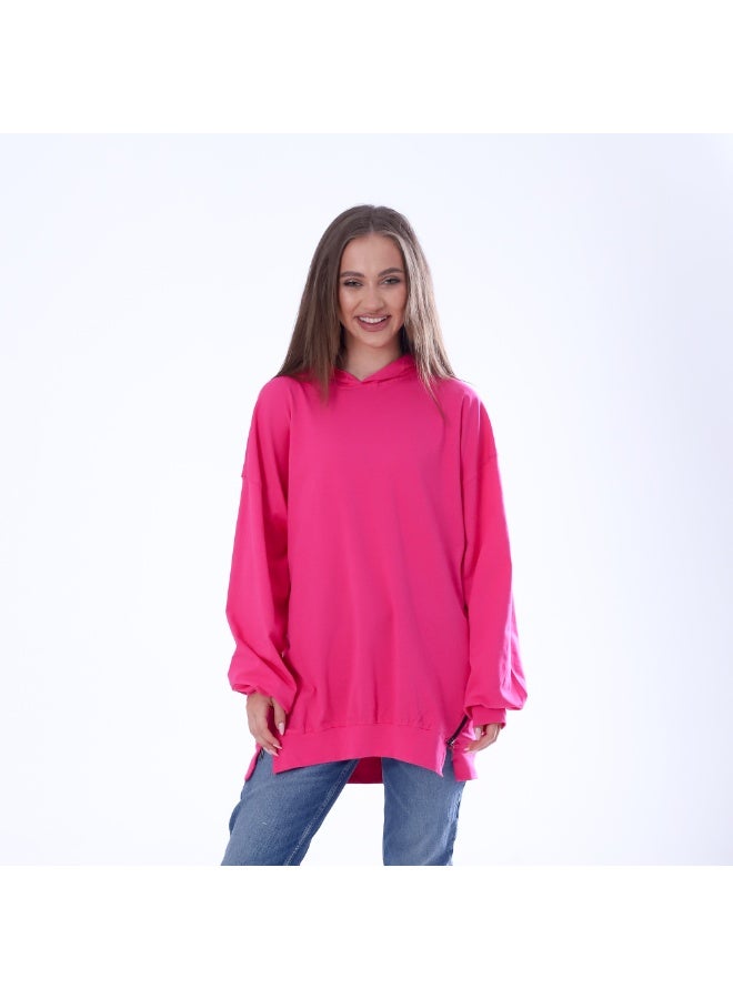 بيبو تيشيرت حريمي سادة بكابيتشو 2 جيب أكمام طويلة مقاس حر يناسب من 60 إلى 85 كجم تقريبا_فوشيا - Image 1