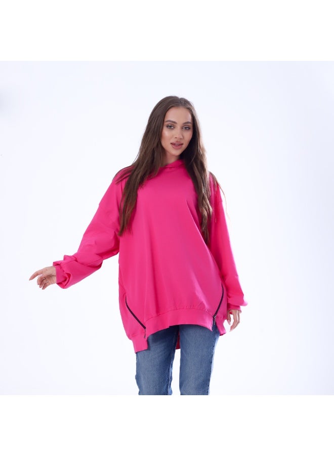 بيبو تيشيرت حريمي سادة بكابيتشو 2 جيب أكمام طويلة مقاس حر يناسب من 60 إلى 85 كجم تقريبا_فوشيا - Image 2