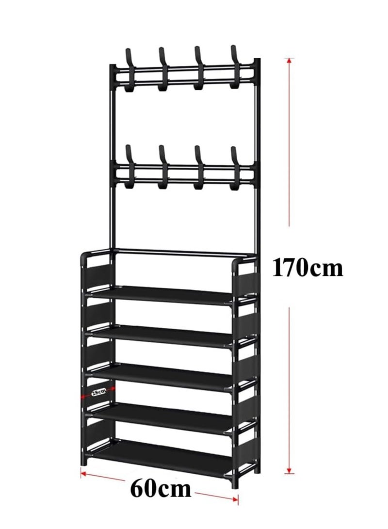 FFD 3‑in‑1 Standing Coat Rack Shoe Bench – 8 Hooks & 5‑Tier Shelf Entryway Organizer – Heavy‑Duty Powder‑Coated Steel, Vertical Space‑Saver, Black” - Image 2